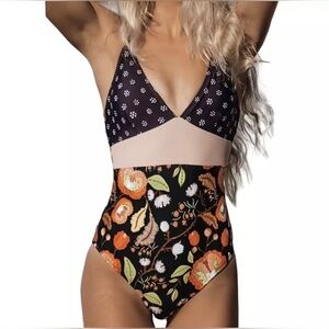 Cupshe Brown Floral One Piece Swimsuit Retro Earth Tone Mixed Print Sz Large